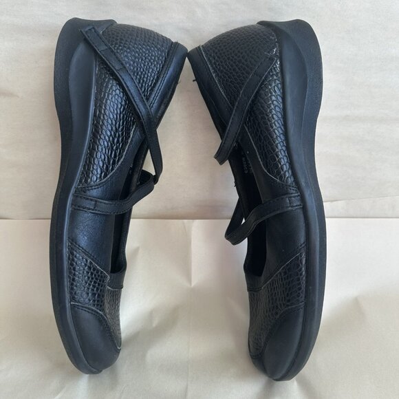 Aetrex Black Leather Mary Jane Flats Women 9.5 Textured Pebble Comfort Shoe - Picture 2 of 8